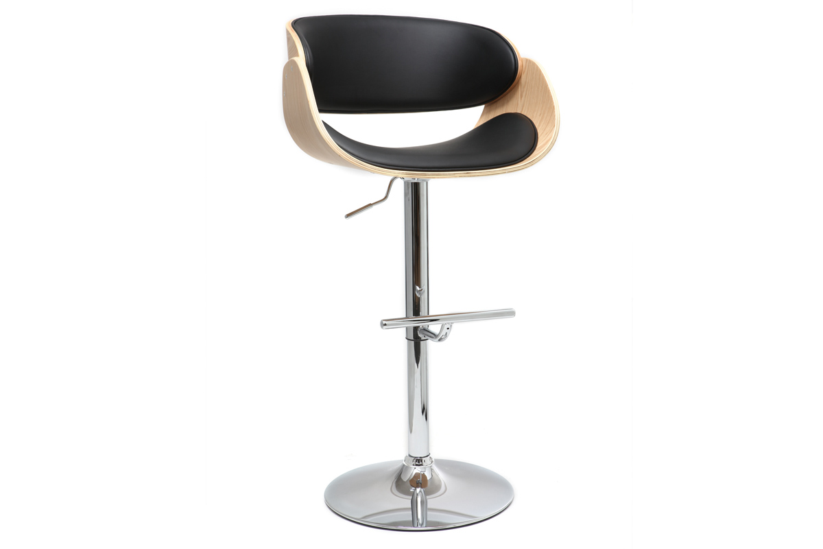 Tabouret de bar design réglable noir et bois clair BENT