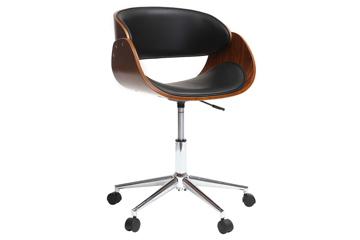 Chaise de bureau à roulettes design noir, bois foncé noyer et acier chromé  BENT