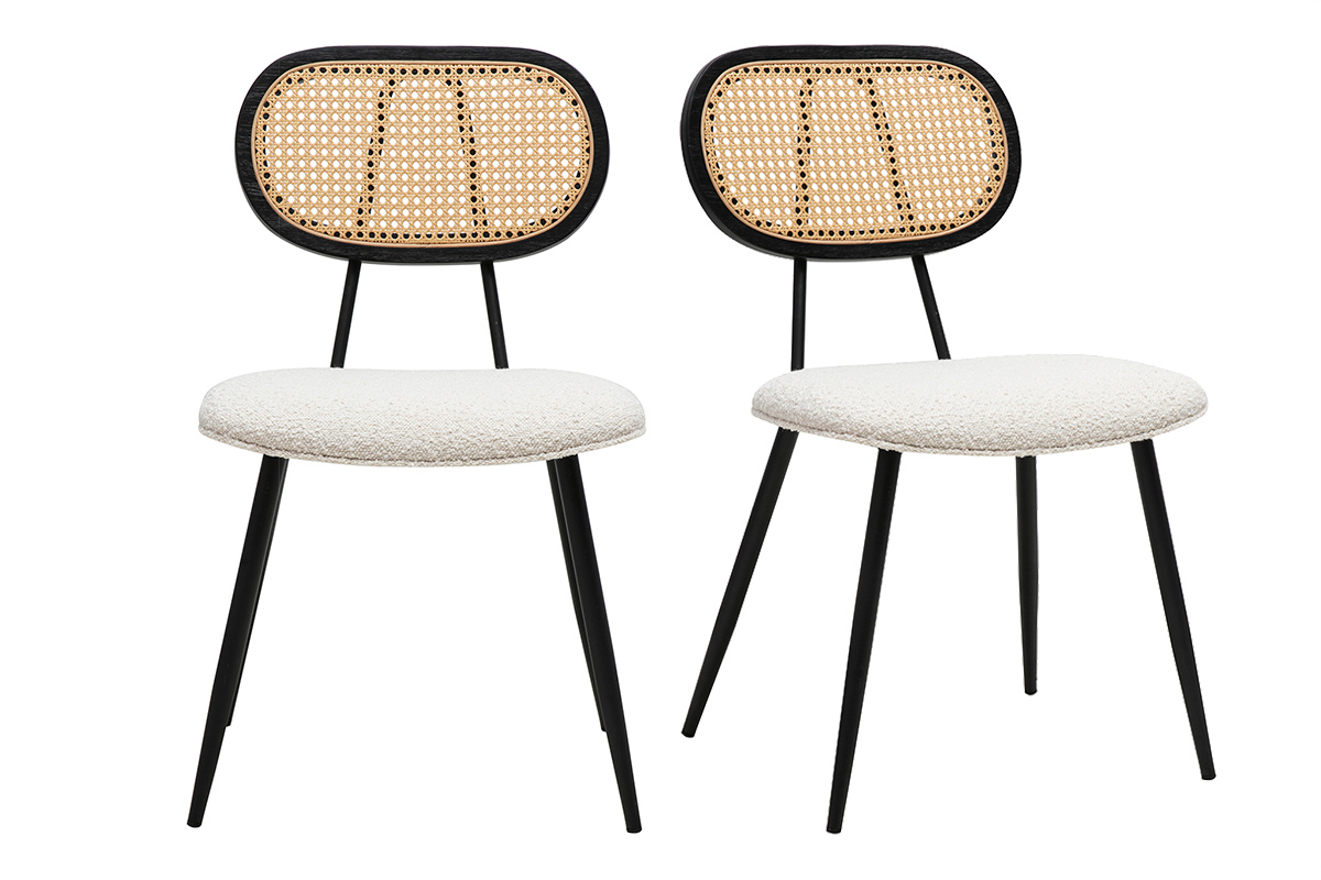 Chaises design en tissu effet laine bouclée blanc, métal noir et cannage rotin (lot de 2) SWANN