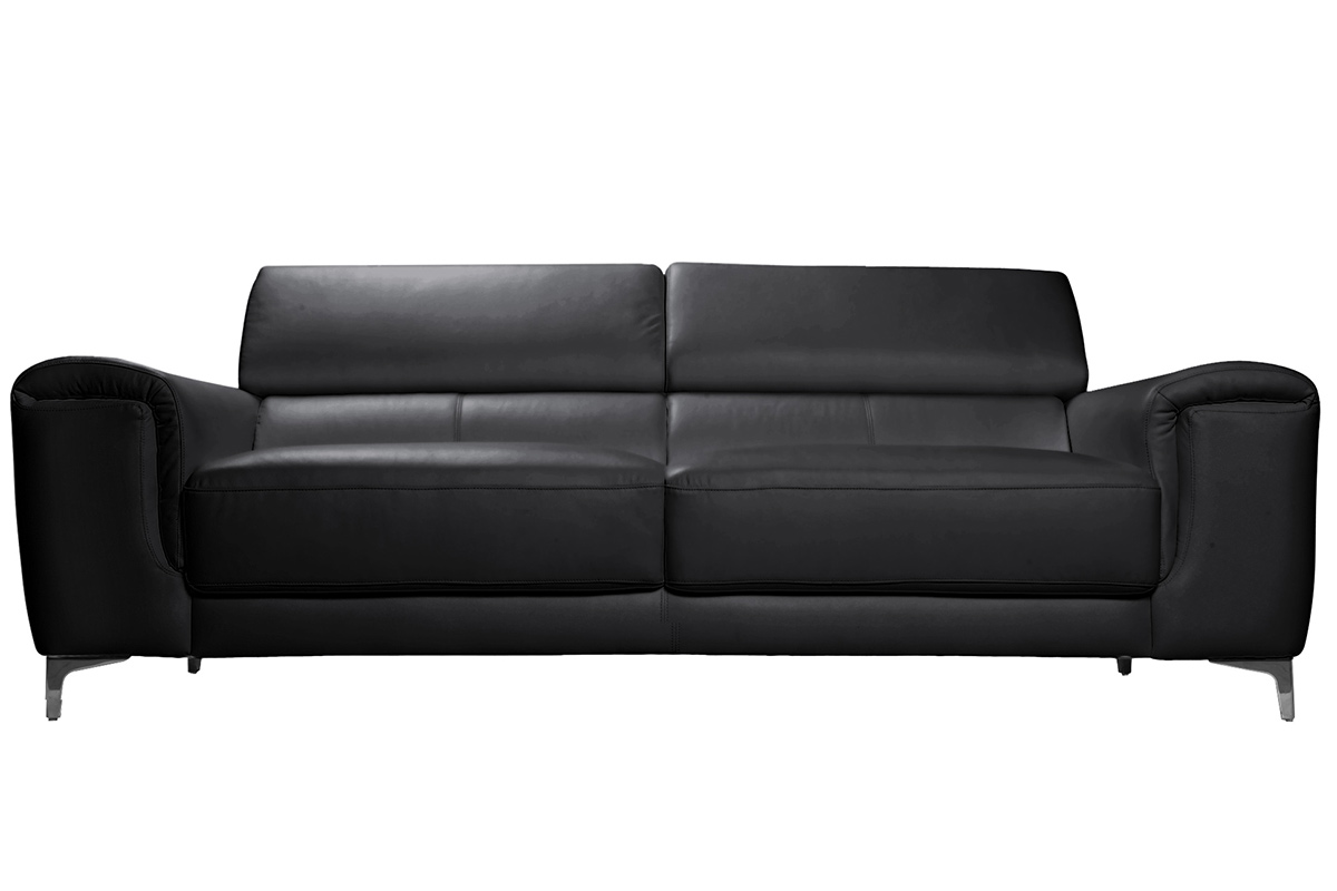 Canapé design avec têtières ajustables 3 places en cuir noir et acier chromé NEVADA