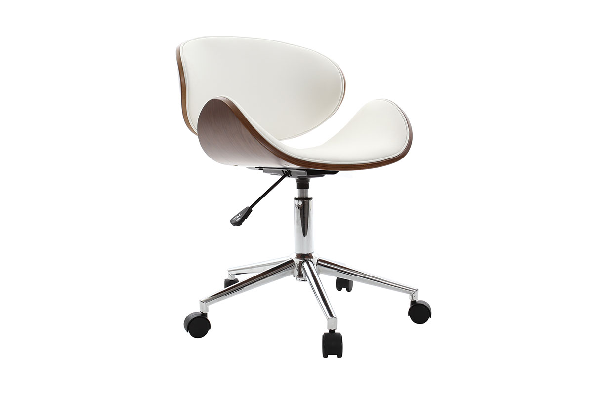 Chaise de bureau à roulettes design blanc, bois foncé noyer et acier chromé WALNUT
