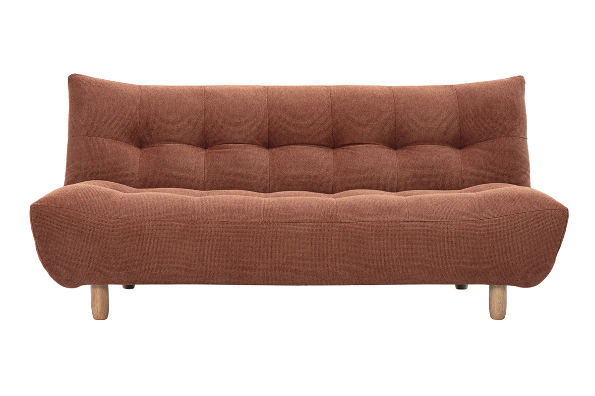 Divano letto scandinavo 3 posti in tessuto ciniglia terra bruciata e legno chiaro YUMI