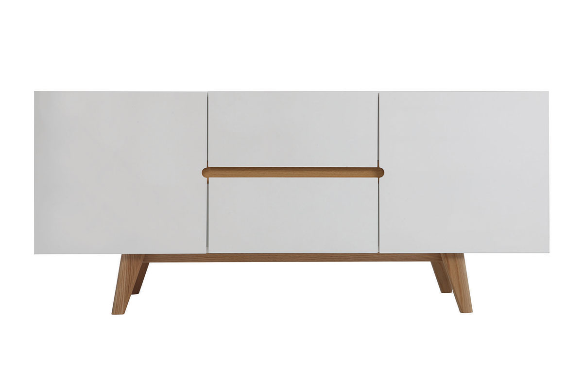 Buffet scandinave blanc laqué brillant et finition bois clair 2 portes 2 tiroirs L160 cm MELKA
