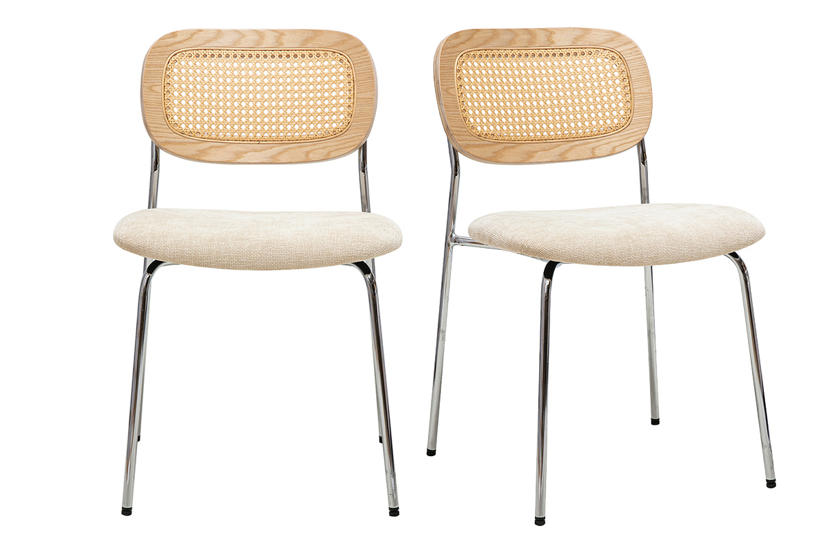 Chaises design en tissu effet velours texturé beige, métal chromé et cannage rotin (lot de 2) MIRANDA
