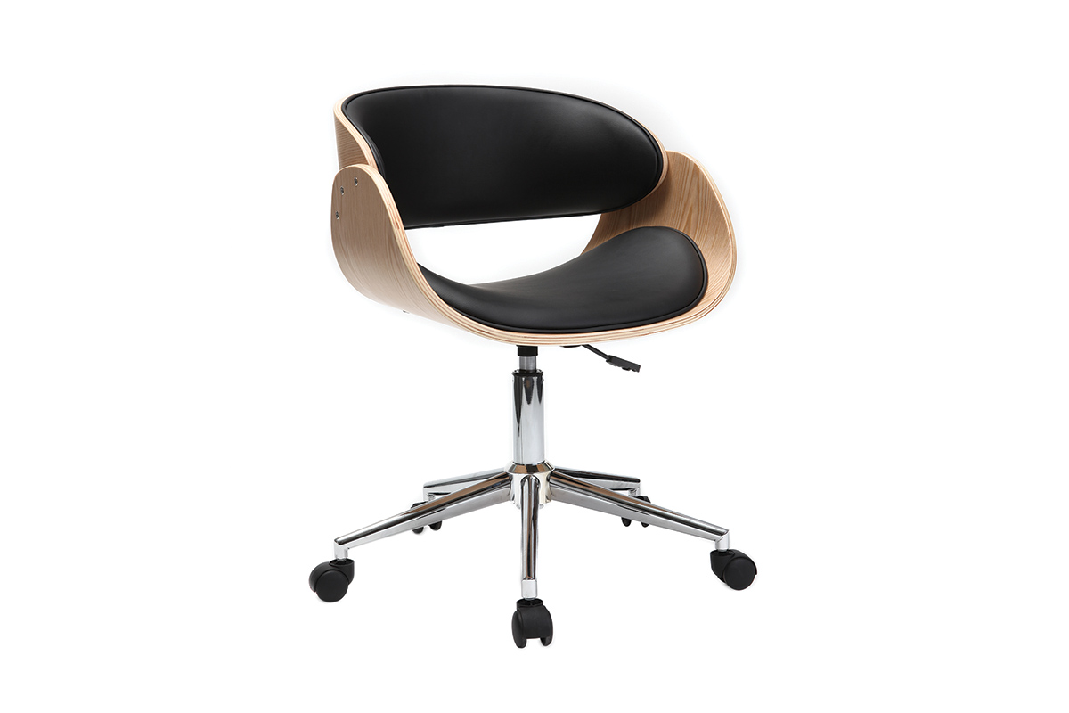 Chaise de bureau à roulettes design noir, bois clair et acier chromé BENT
