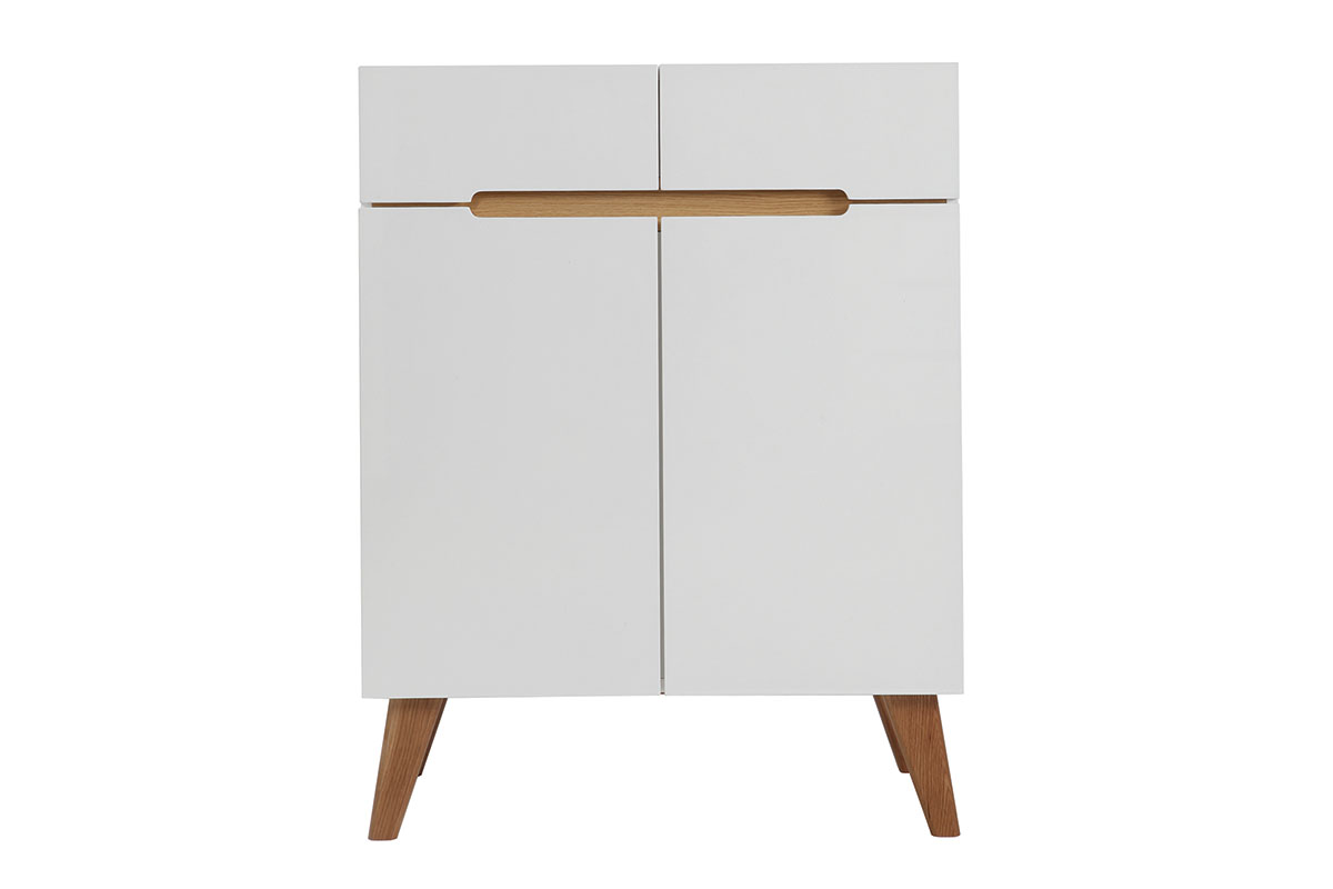 Buffet scandinave blanc laqué brillant et finition bois clair 2 portes 2 tiroirs L80 cm MELKA