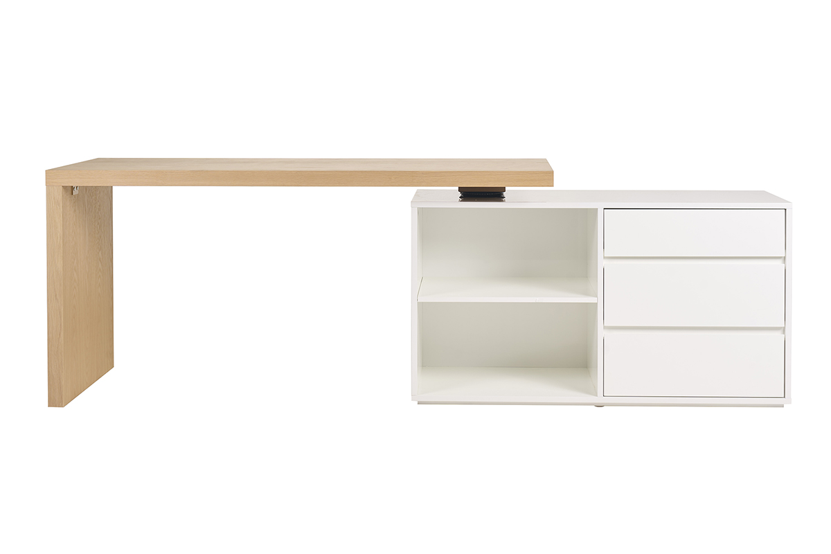 Bureau modulable design blanc brillant et bois clair frêne L160-235 cm NEW MAX