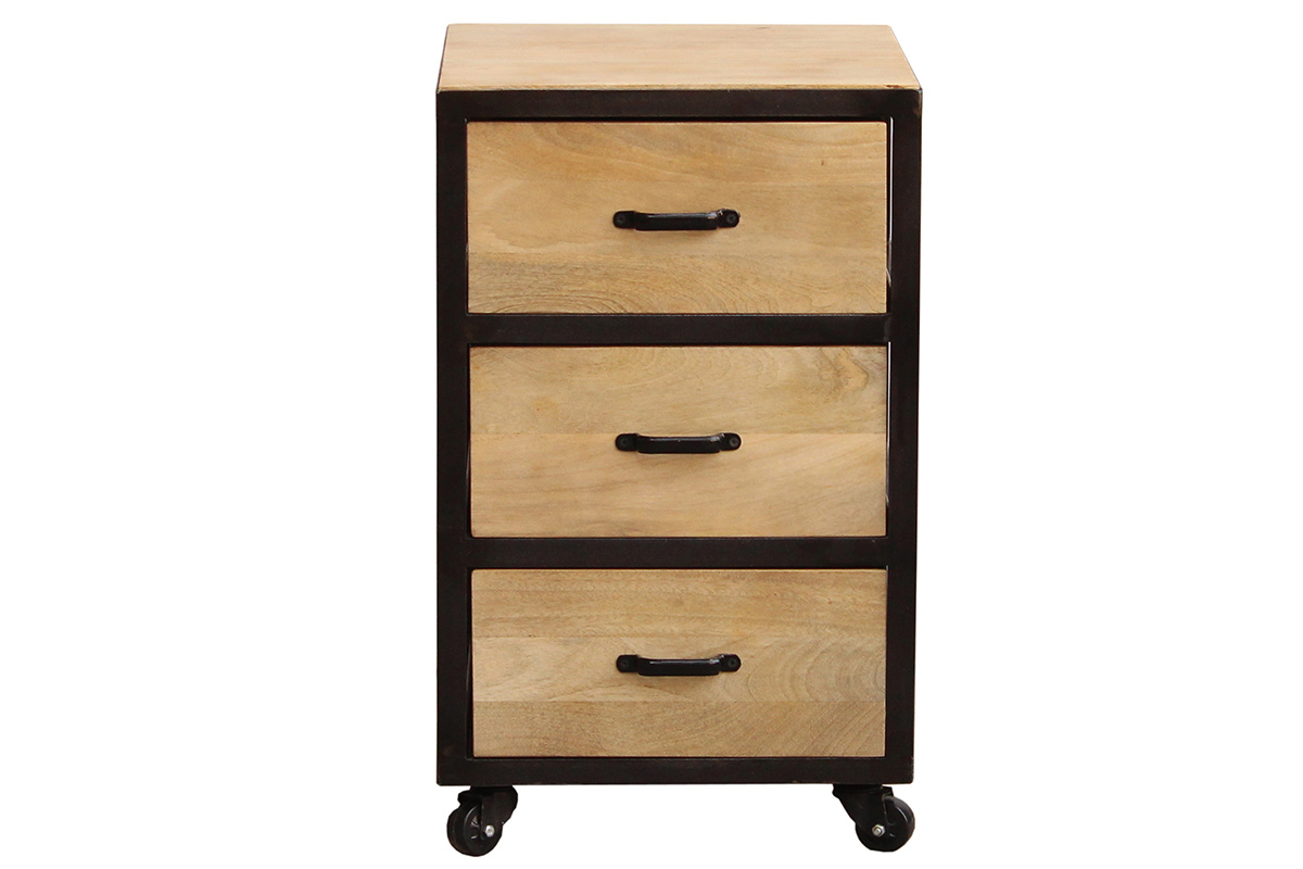 Caisson de bureau à roulettes 3 tiroirs industriel bois massif et métal noir INDUSTRIA