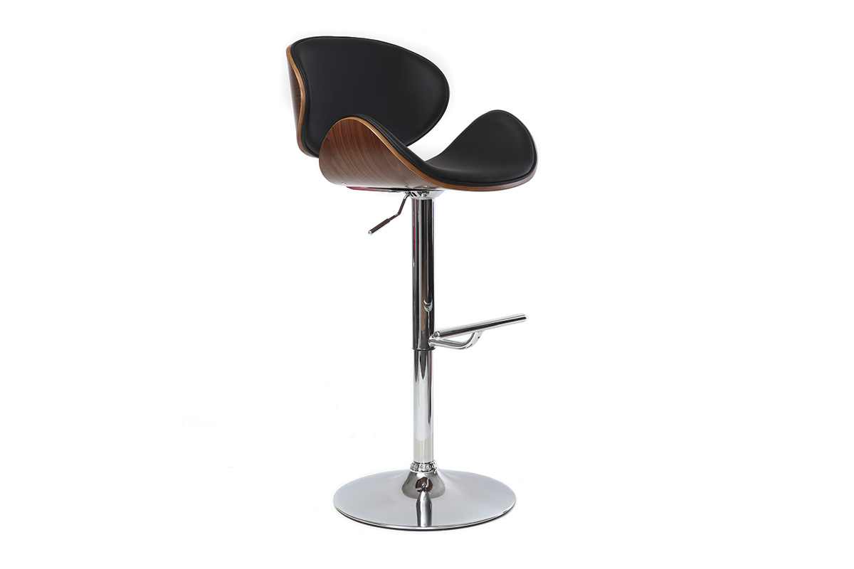 Tabouret de bar design réglable noir, bois foncé et métal chromé WALNUT