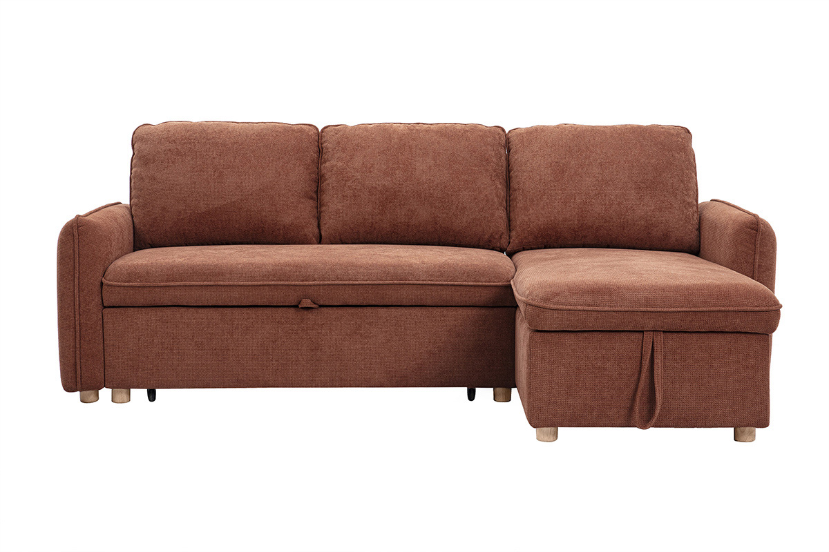 Canapé d'angle convertible réversible avec coffre 3 places en tissu chenille terre brûlée et bois clair ORSO