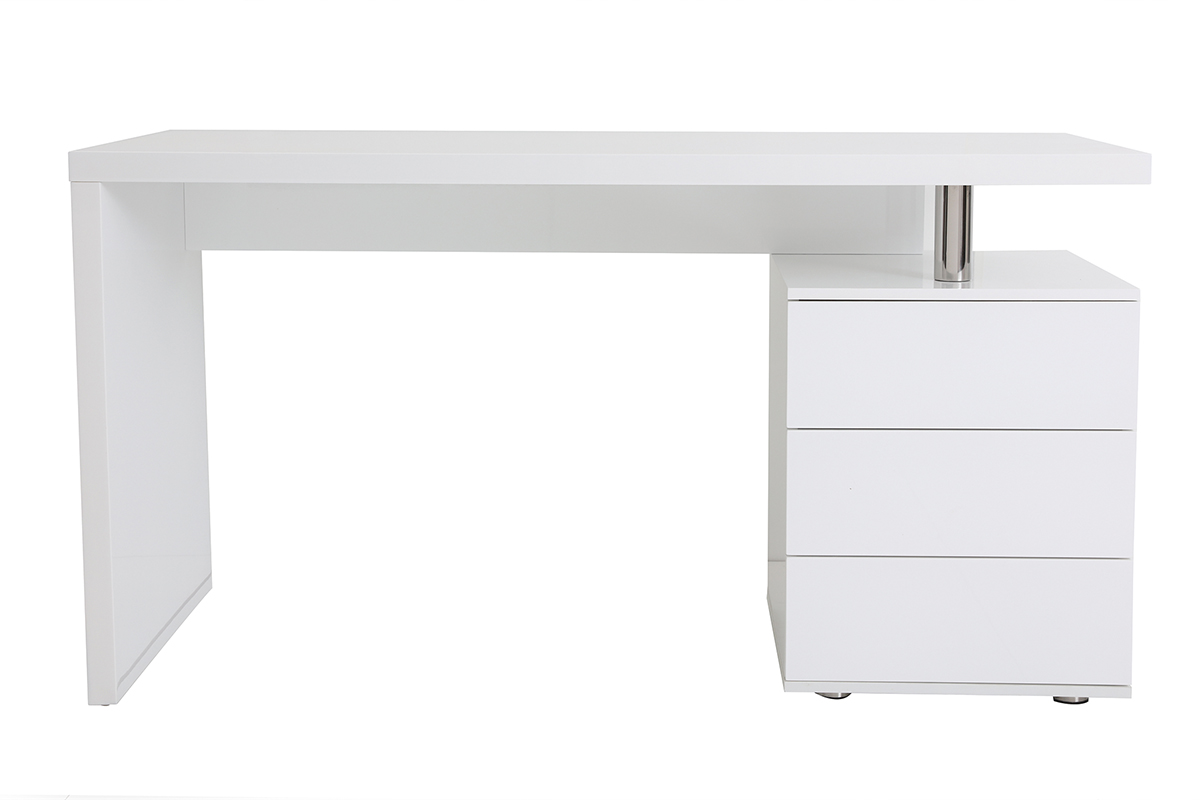 Bureau avec rangements 3 tiroirs design blanc laqué brillant L140 cm CALIX