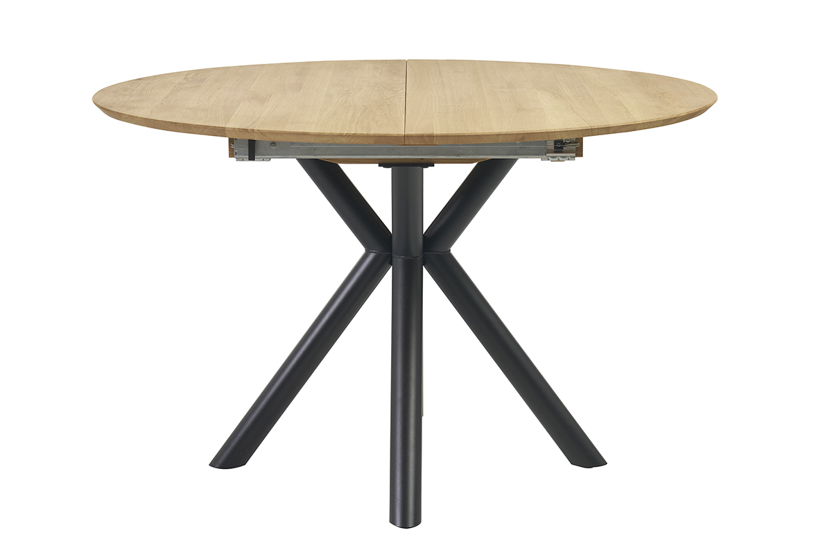 Table à manger ronde extensible en bois clair chêne massif et métal L120-170 cm OLGA
