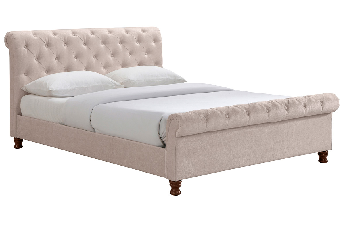 Lit 2 places 160x200 cm en tissu velours beige capitonné RILEY