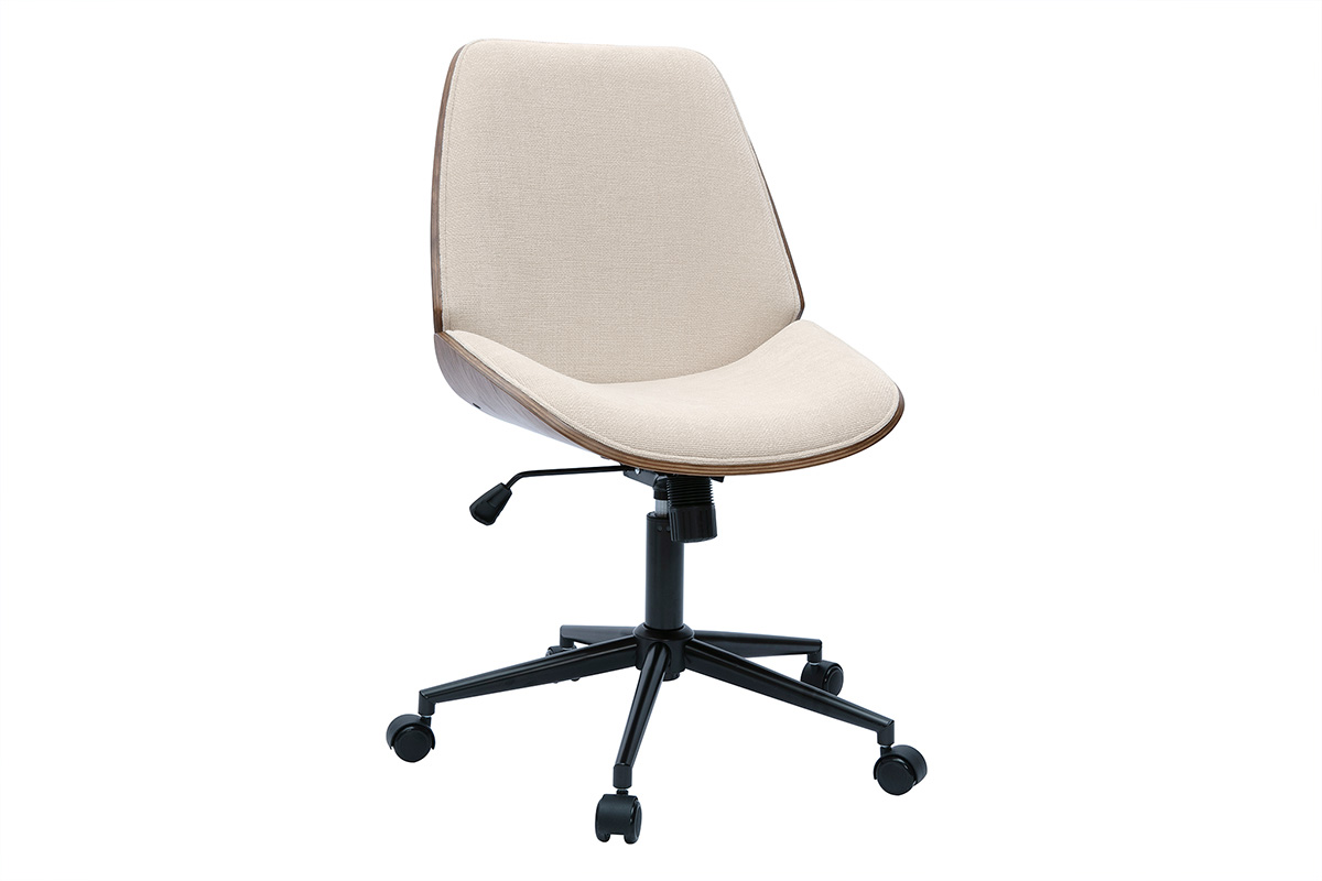 Chaise de bureau à roulettes en bois et tissu effet velours texturé beige DOUGLAS