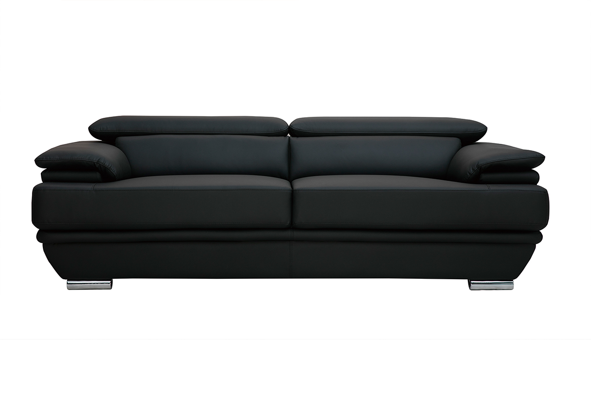 Canapé design avec têtières ajustables 3 places cuir noir et acier chromé EWING