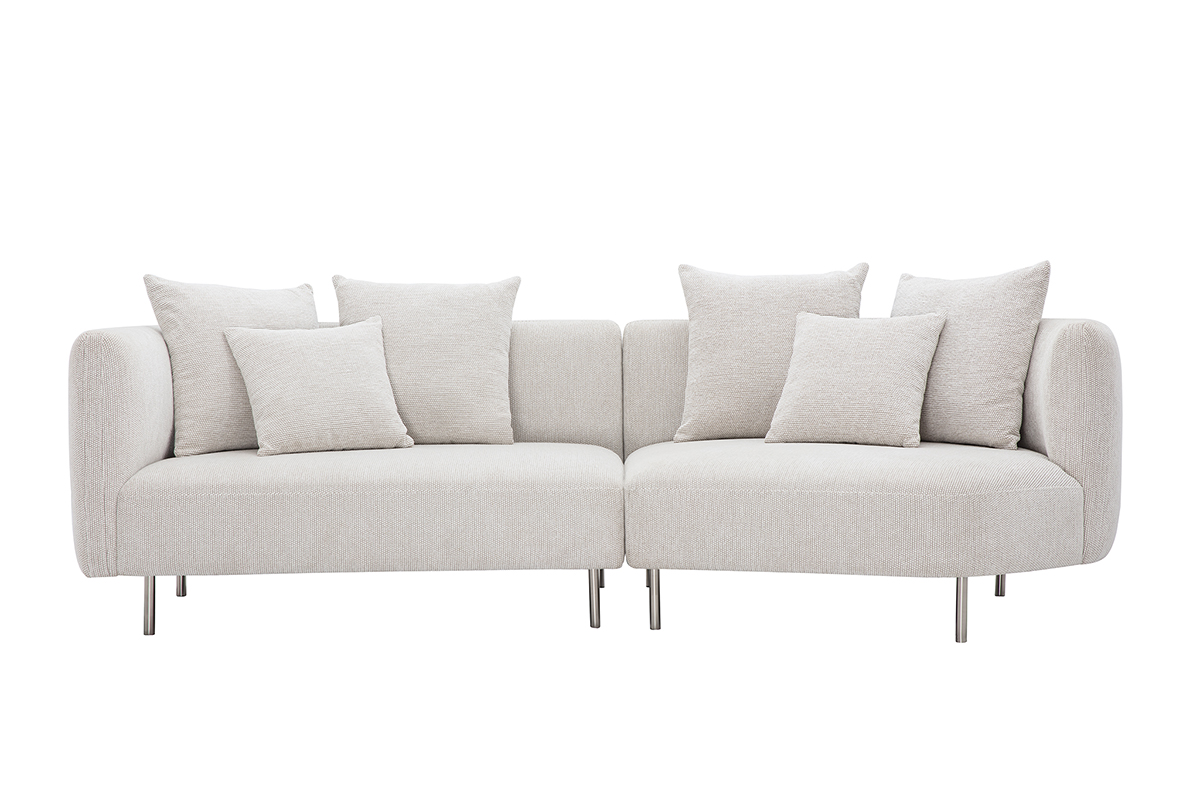 Canapé design 3-4 places en tissu effet velours chenillé beige clair et métal chromé IGLESIAS