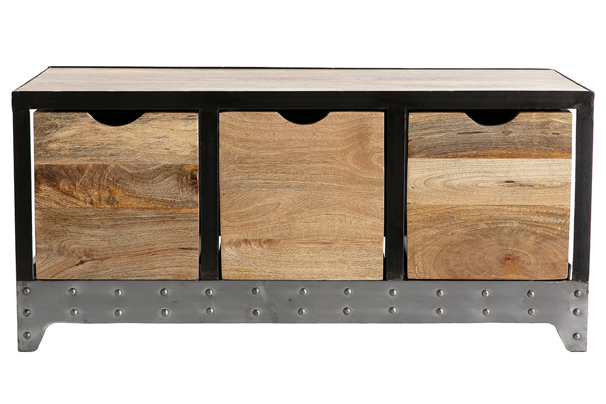 Meuble de rangement industriel en bois manguier massif et métal noir 3 tiroirs L100 cm ATELIER