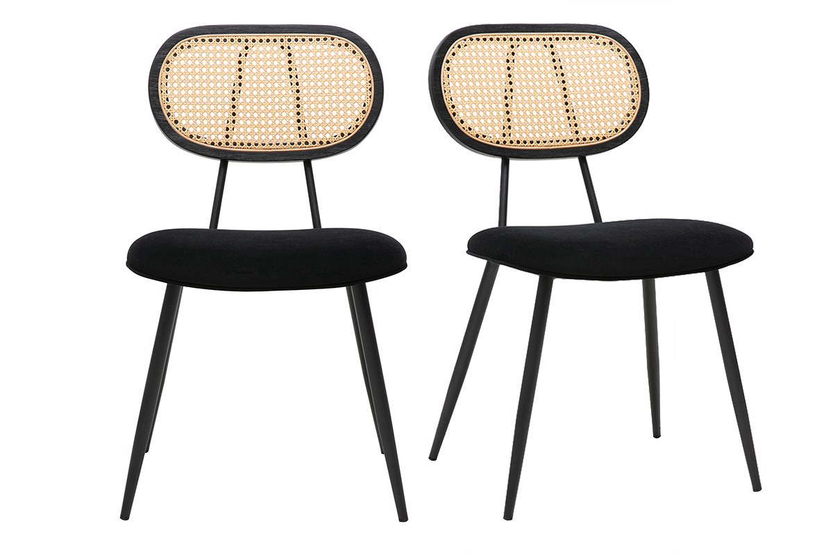 Chaises design noires en tissu velours, métal et cannage rotin (lot de 2) SWANN