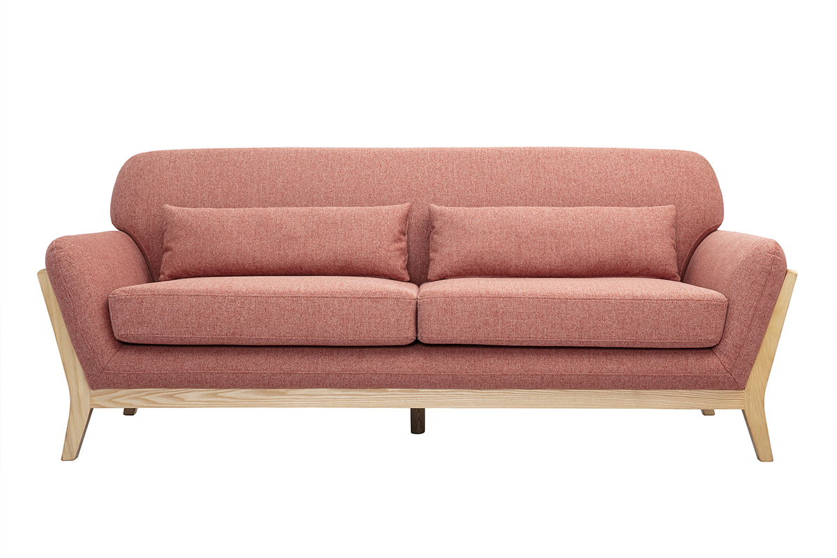 Canapé scandinave 3 places en tissu effet velours texturé terracotta et bois clair YOKO