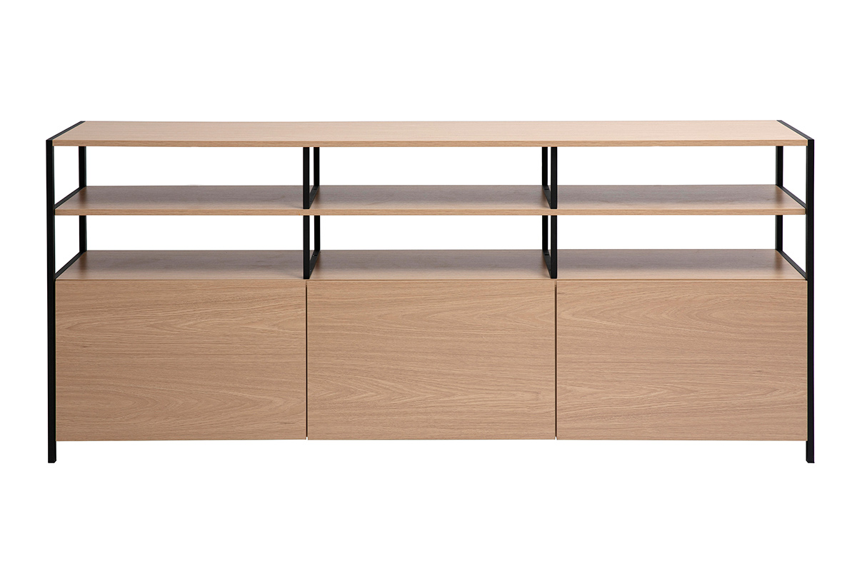 Buffet 3 portes finition bois clair chêne et métal noir L180 cm MAXENCE