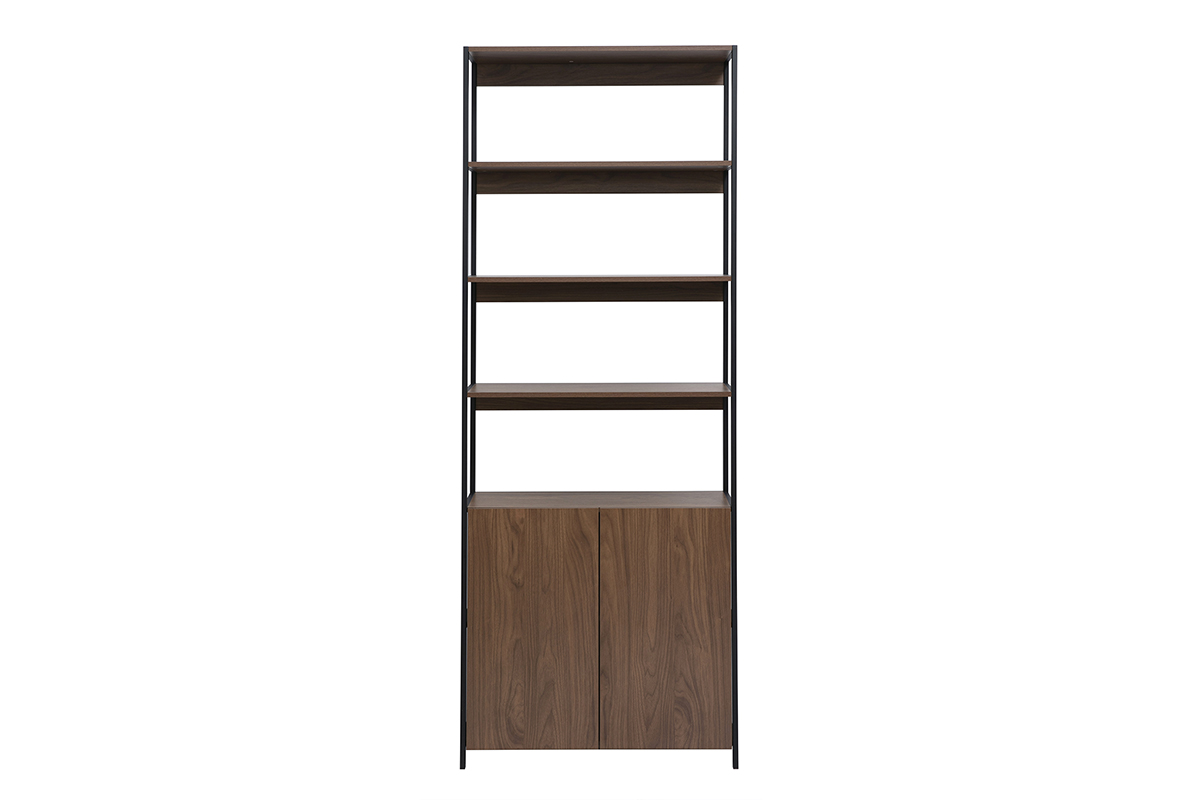 Bibliothèque avec rangements finition bois foncé noyer et métal noir L80 cm MAXENCE