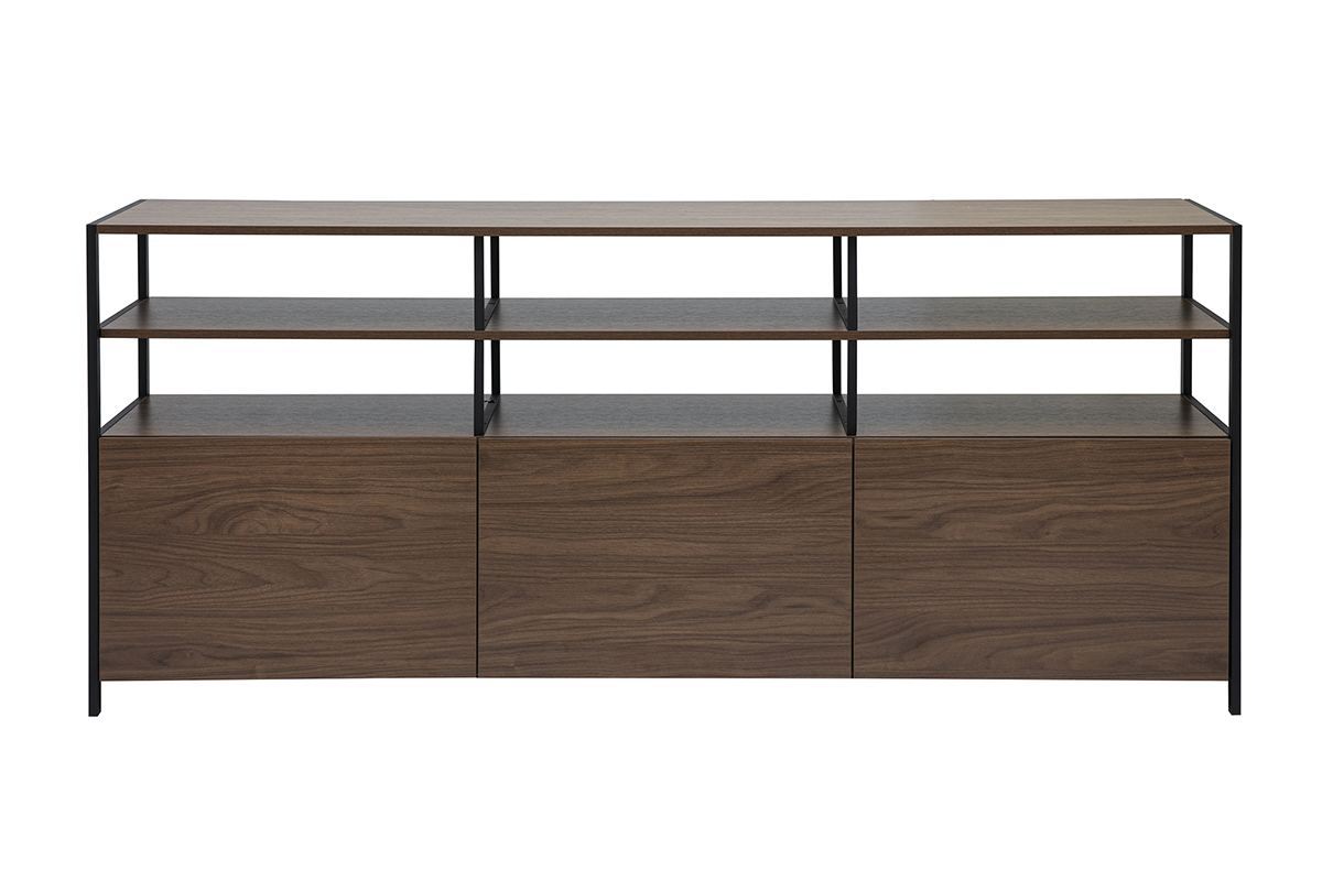 Buffet bas finition bois foncé noyer et métal noir L180 cm MAXENCE
