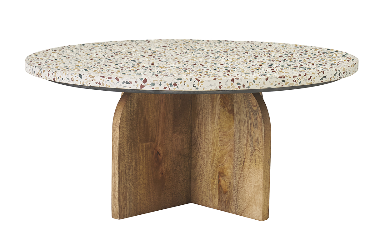 Mesa baja redonda en terrazo y madera clara de mango macizo D79.5 cm NESSA