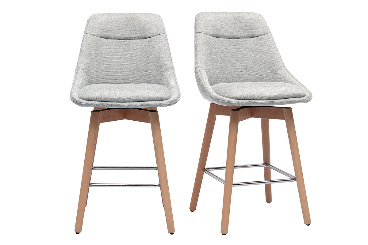 Tabourets de bar scandinaves pivotants 360° en tissu effet velours texturé gris clair et bois clair H65 cm (lot de 2) ALESS