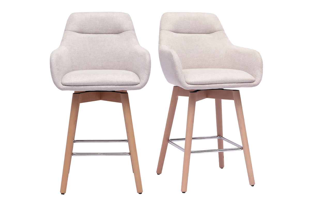Tabourets de bar scandinaves pivotants 360° en tissu effet velours texturé beige et bois clair H65 cm (lot de 2) ALESS
