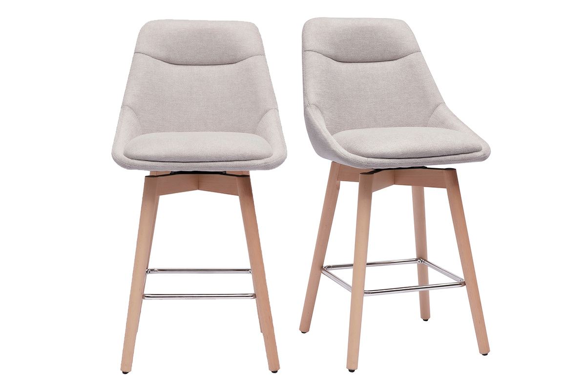 Tabourets de bar scandinaves pivotants 360° en tissu effet velours texturé beige et bois clair H65 cm (lot de 2) ALESS
