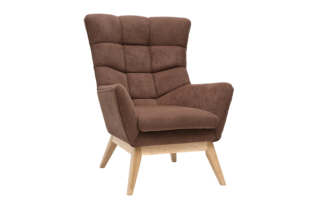 Fauteuil scandinave en tissu chenille terre brûlée et bois clair BRODY