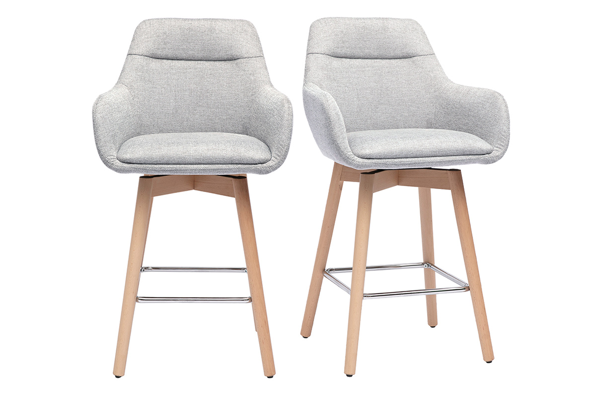 Tabourets de bar scandinaves pivotants 360° en tissu effet velours texturé gris clair et bois clair H65 cm (lot de 2) ALESS