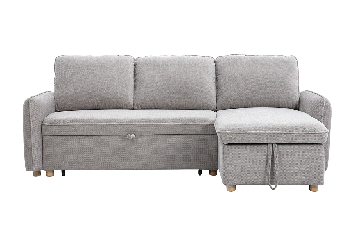 Canapé d'angle convertible réversible avec coffre 3 places en tissu chenille gris et bois clair ORSO