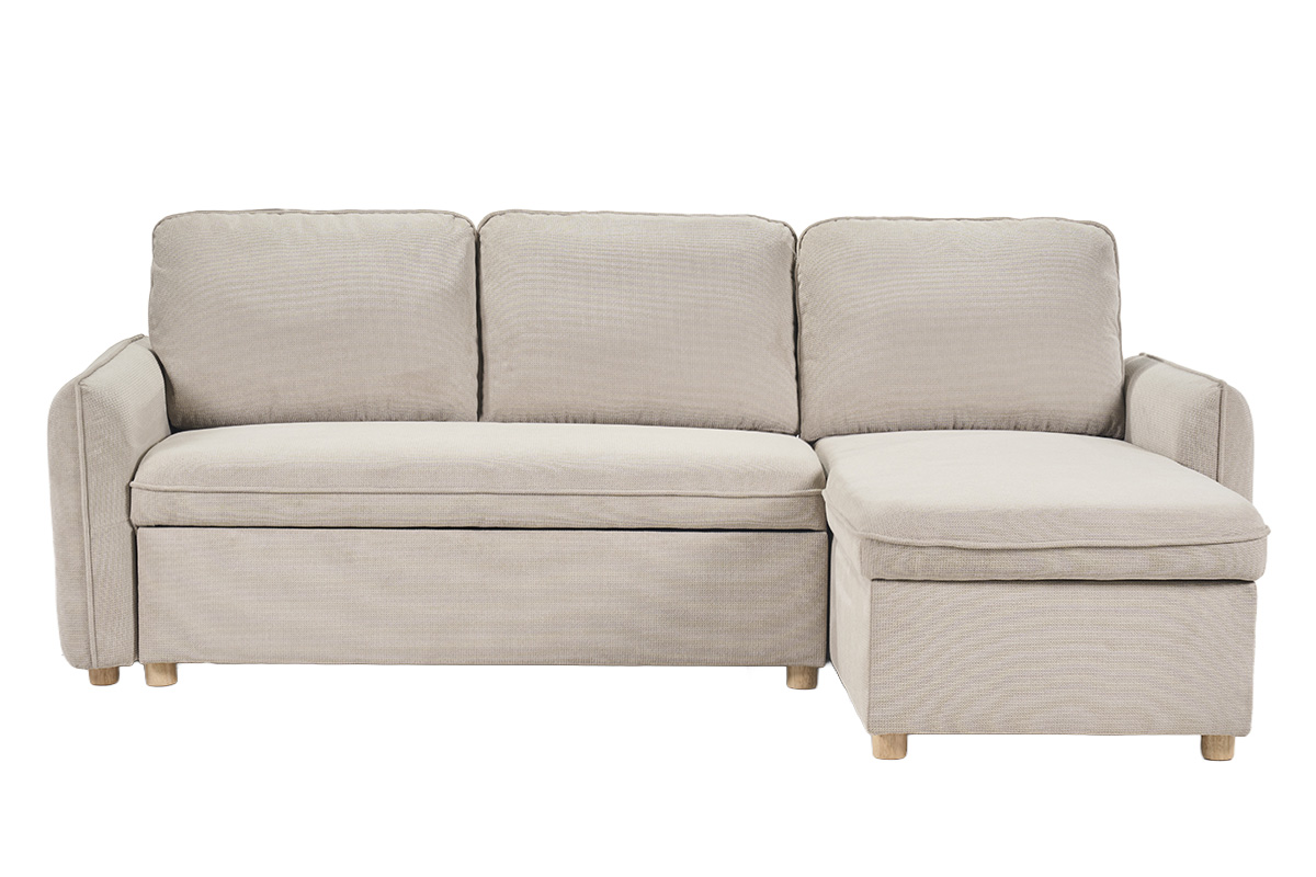 Canapé d'angle convertible réversible avec coffre 3 places en tissu chenille beige et bois clair ORSO