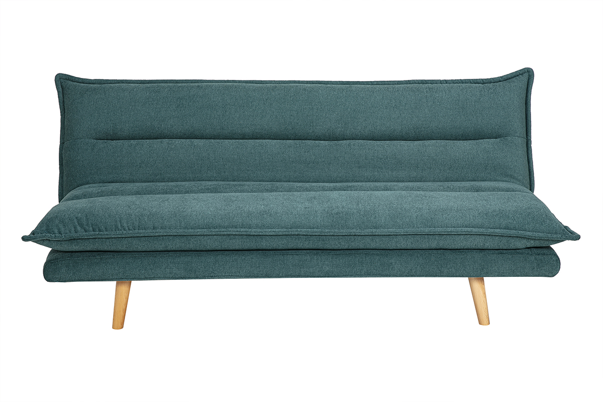 Canapé convertible 3 places en tissu chenille bleu canard et bois clair BINGO