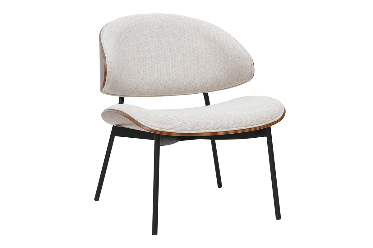 Fauteuil en tissu effet velours texturé beige, bois foncé et métal noir FABULO