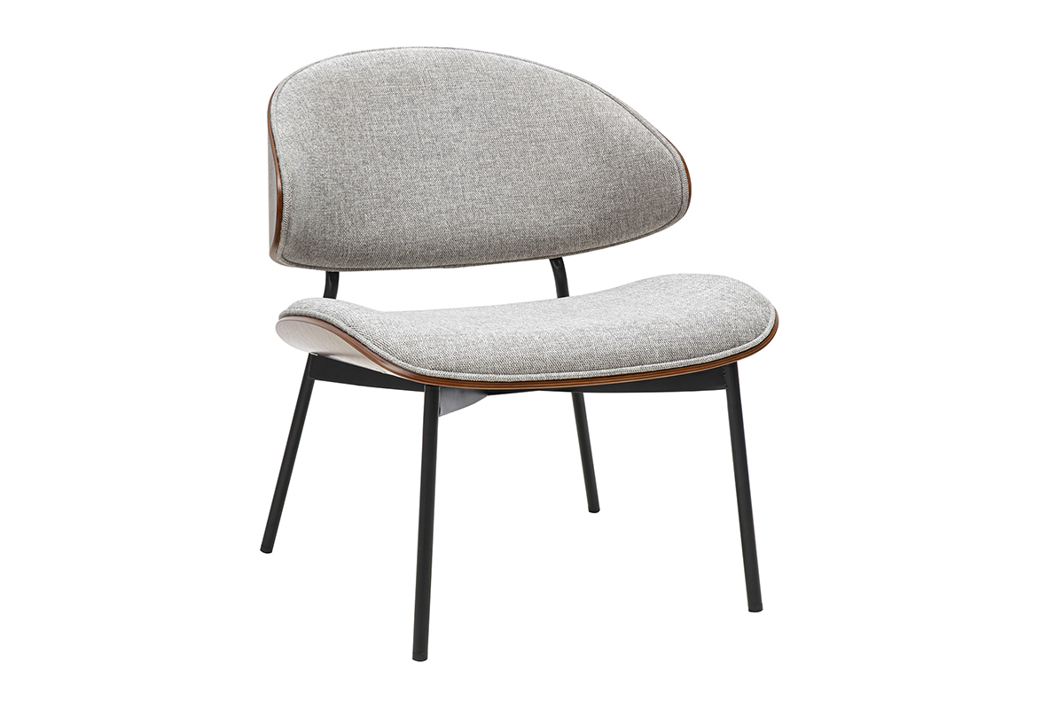 Fauteuil en tissu effet velours texturé gris, bois foncé et métal noir FABULO