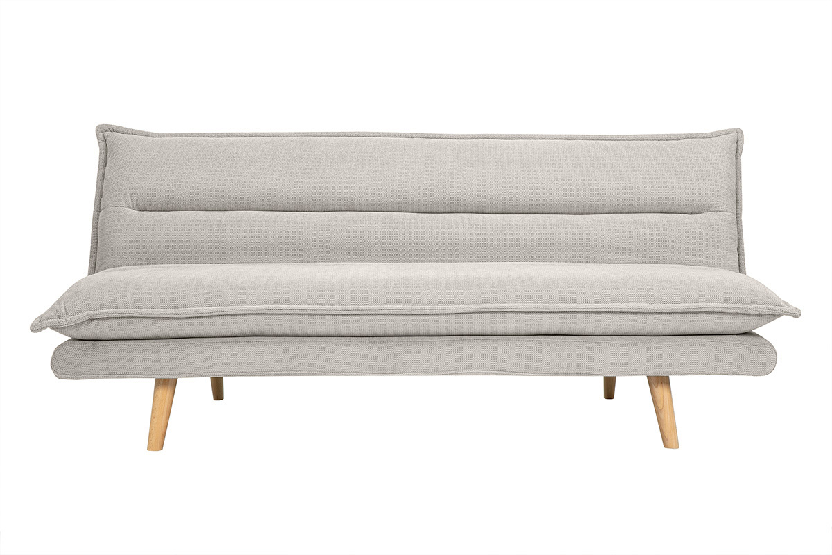 Canapé convertible 3 places en tissu chenille beige et bois clair BINGO