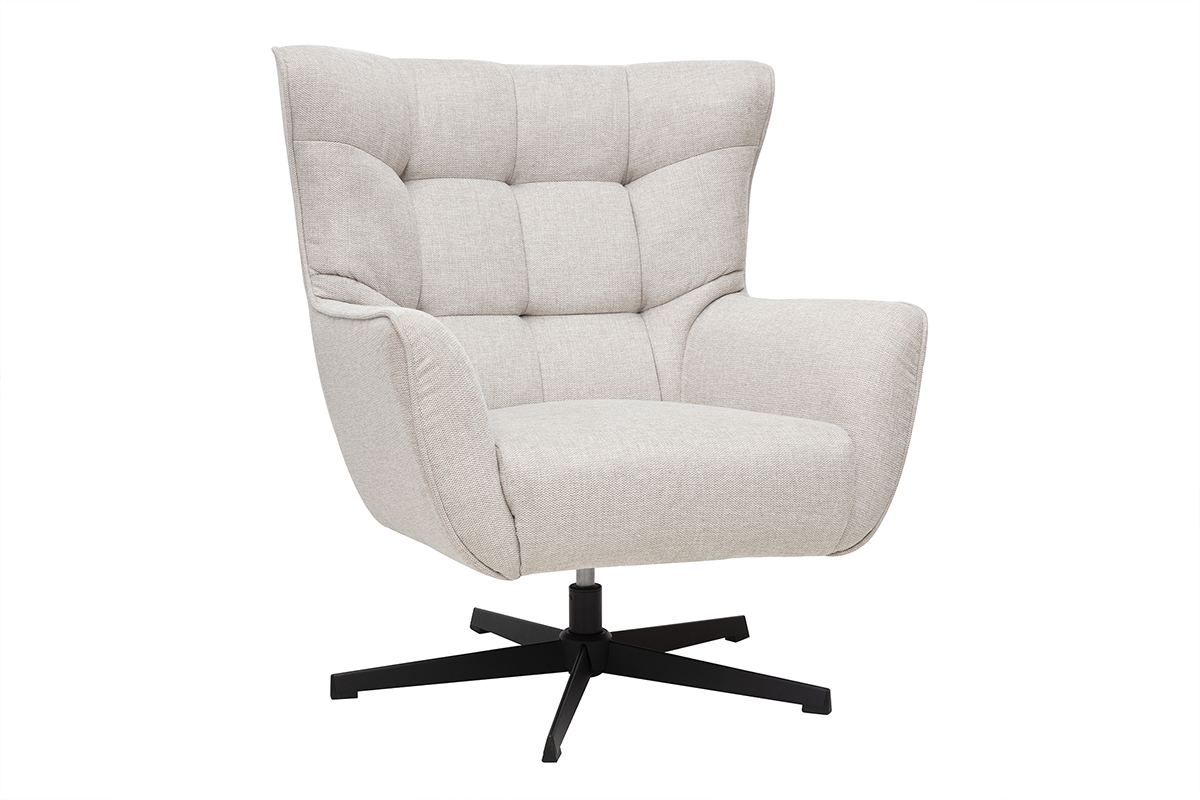 Fauteuil scandinave pivotant en tissu effet velours texturé beige et métal AVERY