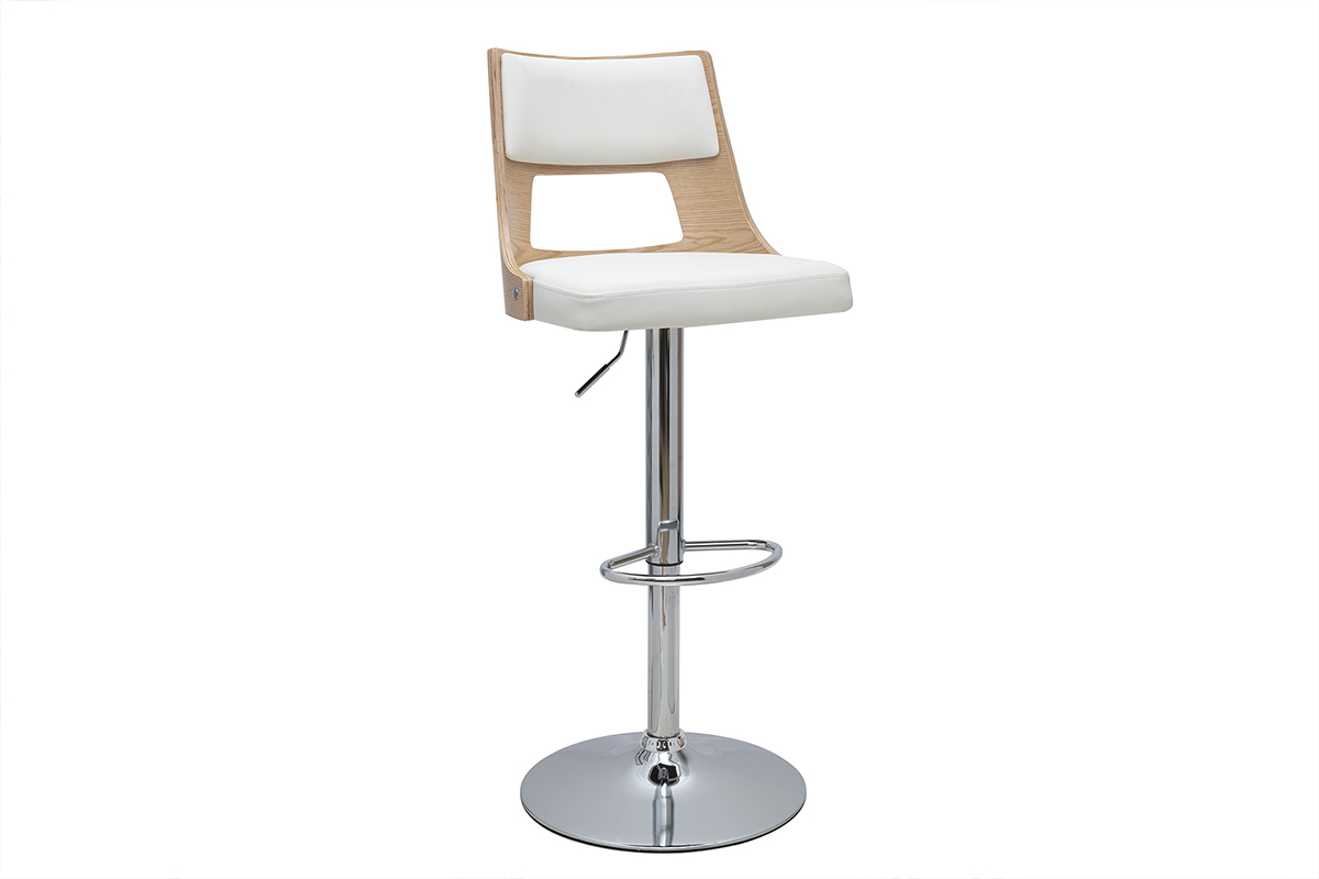Tabouret de bar réglable pivotants 360° blanc et bois clair GARBO