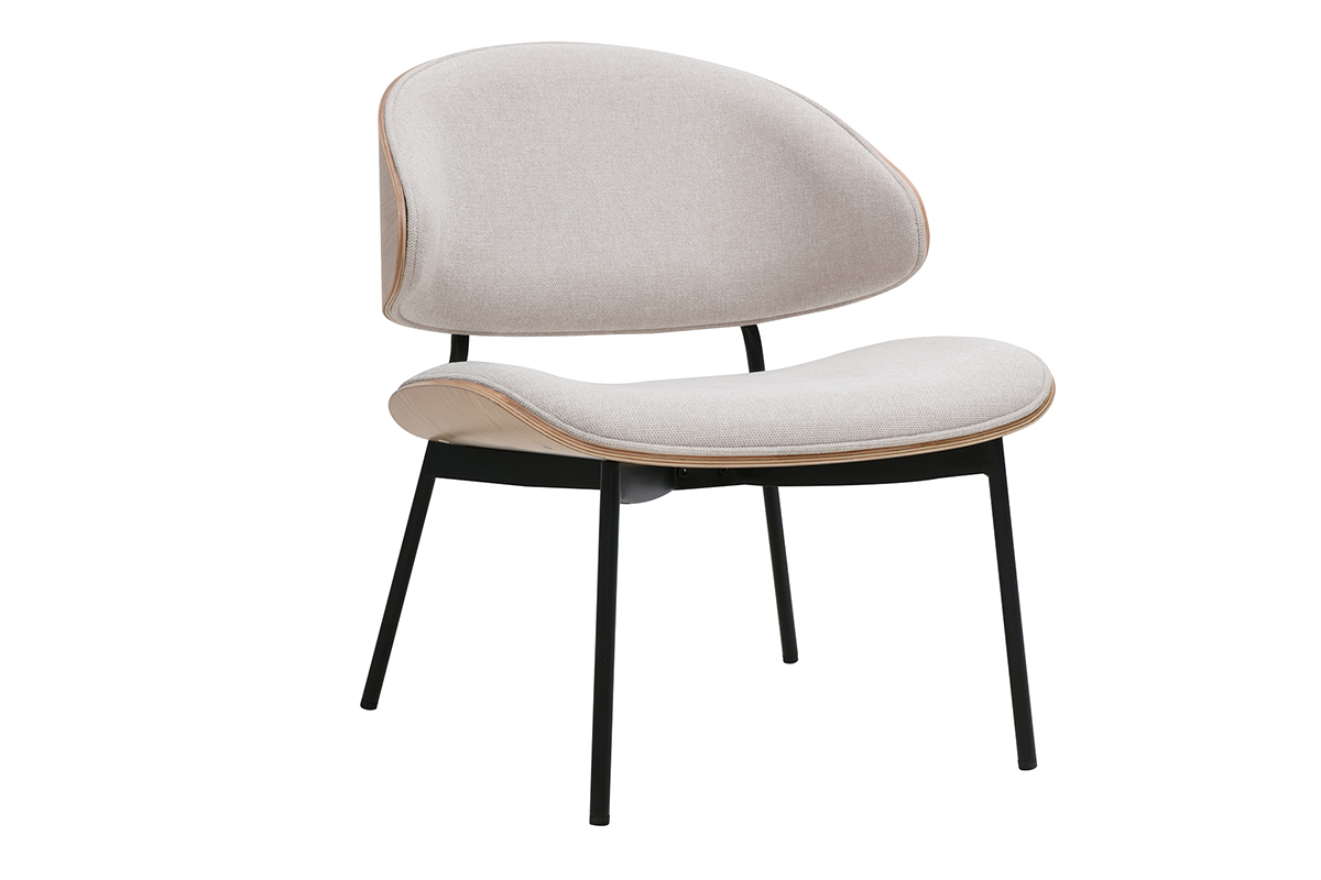 Fauteuil en tissu effet velours texturé beige, bois clair et métal noir FABULO