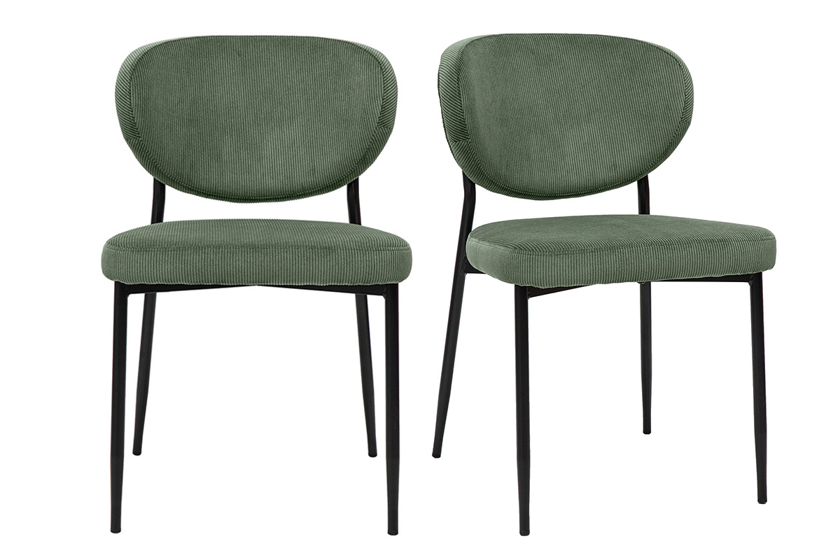 Chaises en tissu velours côtelé vert kaki et métal noir (lot de 2) BREKA