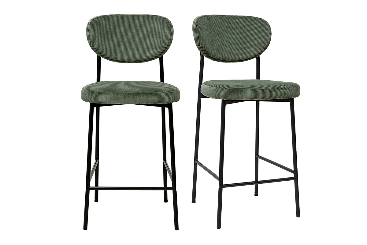 Tabourets de bar fixes en tissu velours côtelé vert kaki H65 cm (lot de 2) BREKA