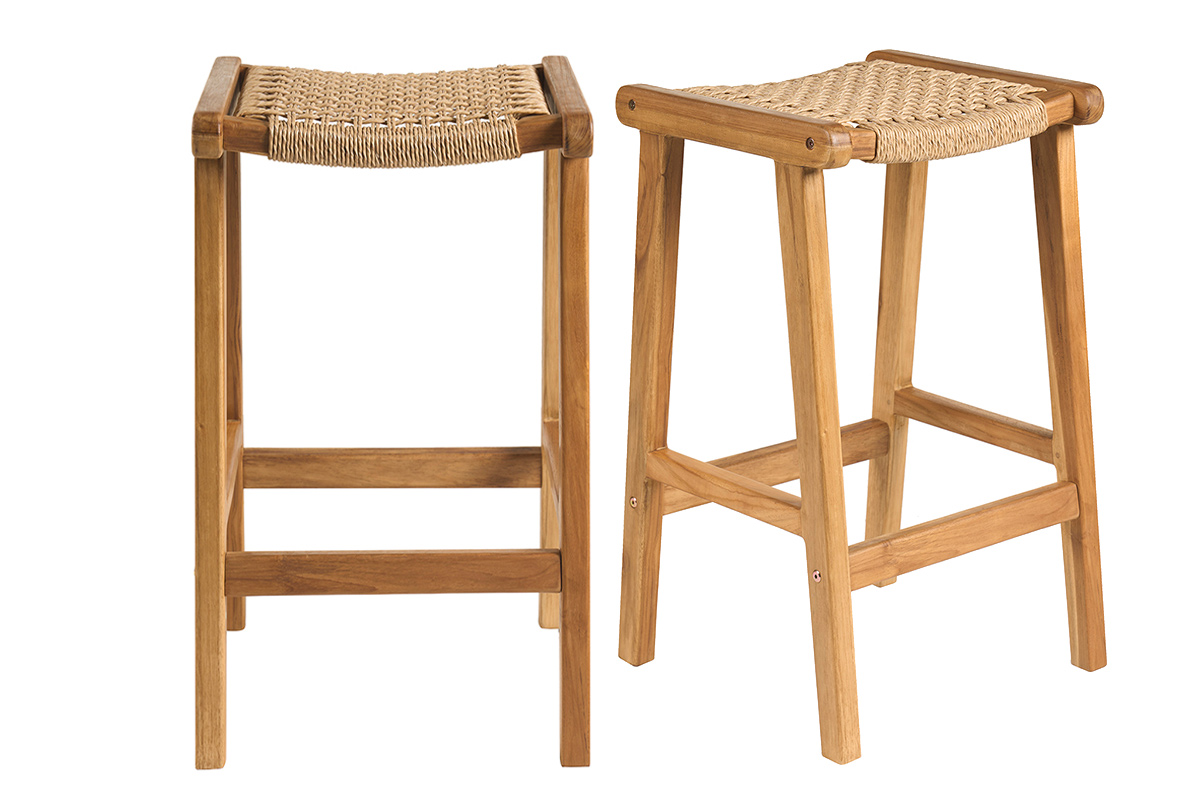 Tabourets de bar ethniques extérieur en bois teck massif et cannage rotin H66 cm (lot de 2) GAWA