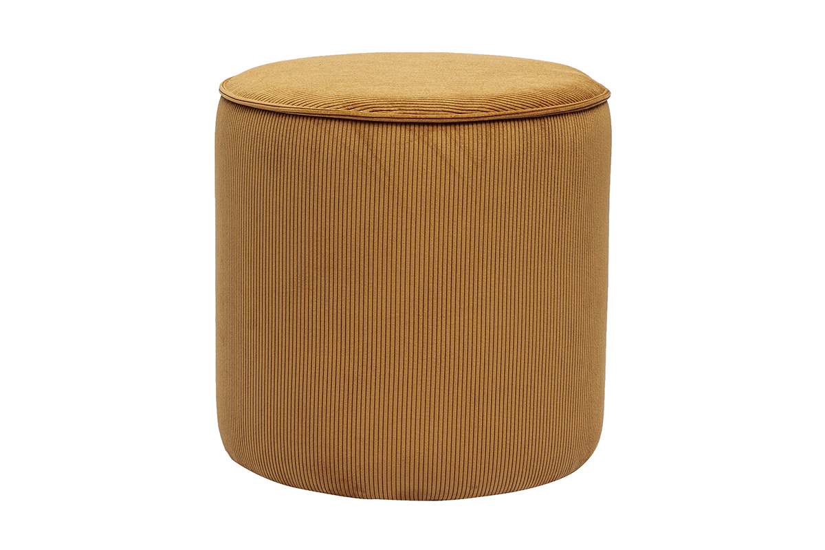 Pouf rond en tissu velours côtelé jaune curry D40 cm PAUL