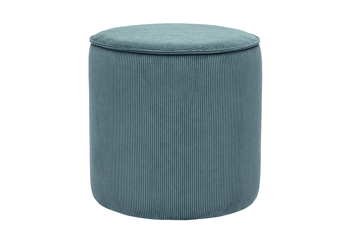 Pouf rond en tissu velours côtelé bleu canard D40 cm PAUL