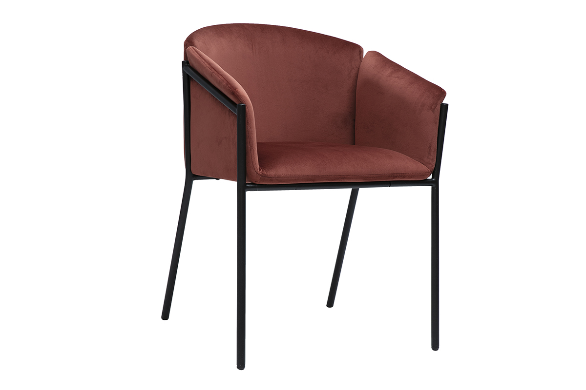 Chaise design en tissu velours rouge tomette et métal noir BRIANE