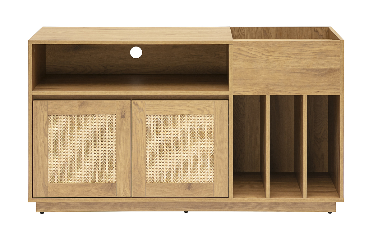 Buffet de rangement vinyles finition bois clair chêne et cannage rotin L130 cm ALICANTE