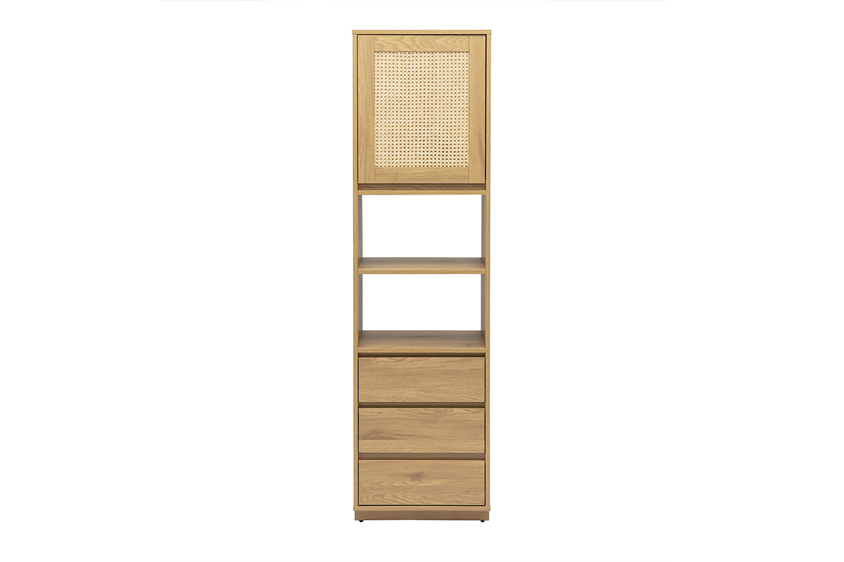 Bibliothèque étagère avec rangements finition bois clair chêne et cannage rotin L50 cm SEVILLE