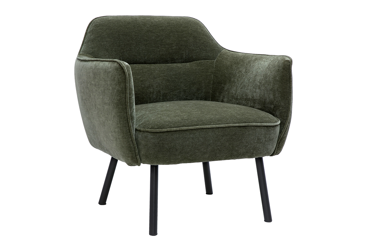 Fauteuil design en tissu effet velours vert kaki et métal noir LAURENS
